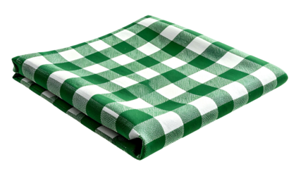 Folded, rectangular, green and white checkered cloth on black backdrop