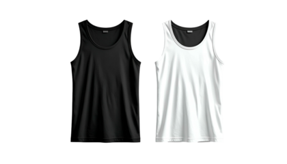 Two tank tops, black and white, side-by-side on a dark background