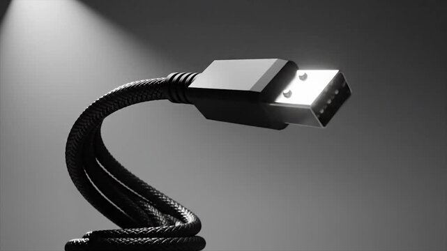Black USB Cable in Dramatic Lighting, Modern Technology Concept.