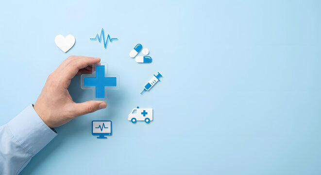 hand holding blue medical cross surrounded by health icons