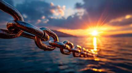 Endless chain stretching across tranquil ocean at sunset, conceptual imagery, seascape, evening light, defocused horizon, with copy space