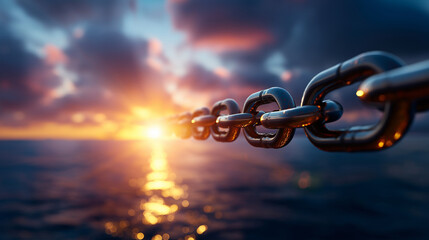 Endless chain stretching across tranquil ocean at sunset, conceptual imagery, seascape, evening light, defocused horizon, with copy space