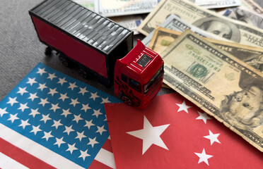 Fototapeta premium 100 US dollar bill in flags of china and usa background