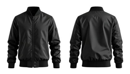 Front and back views of a classic black bomber jacket, rendered with realistic detail