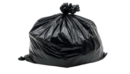 A tightly knotted, glossy black plastic garbage bag, filled and ready for disposal