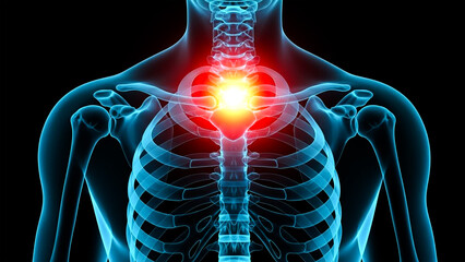 X-ray visualization of the upper human torso and shoulder joints highlighting inflammation or acute pain emanating from the sternum and collarbone area against a dark backdrop.