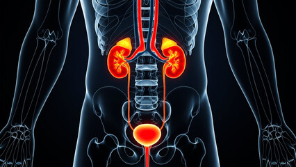 Detailed medical illustration highlights the human urinary system showing glowing red kidneys ureters bladder and surrounding skeletal structure in dark view