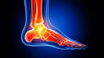 Detailed three dimensional medical illustration depicting the internal structure of the human foot and ankle bones highlighted with glowing warmth against a deep blue background.