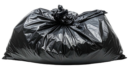 A full, black plastic trash bag, tightly knotted, against a transparent background