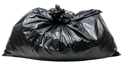 A full, black plastic trash bag, tightly knotted, against a transparent background