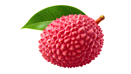 Isolated, detailed image of a single lychee fruit, with textured pink skin and a leaf