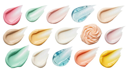 Close-up shot of various cosmetic product swatches, showcasing different colors and textures.