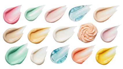 Close-up shot of various cosmetic product swatches, showcasing different colors and textures.