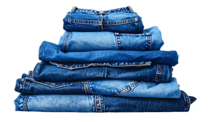 A stack of folded blue denim jeans in varying shades, isolated on a transparent background