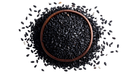 Overhead view of a wooden bowl filled with black seeds, surrounded by more of the same