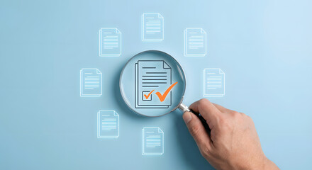 magnifying glass on documents with check mark