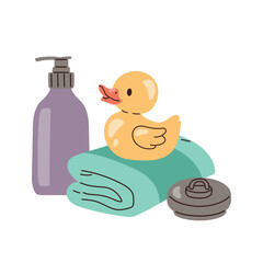 Flat vector illustration of a rubber duck sitting on a folded towel with shampoo or shower gel bottle and bath plug. Cute bathroom hygiene set for kids, baby bath, childcare, cleaning routine concept.