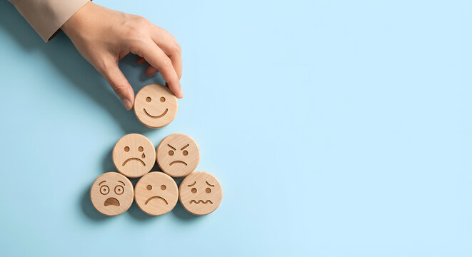 hand placing happy face on top of pile wooden emotion blocks