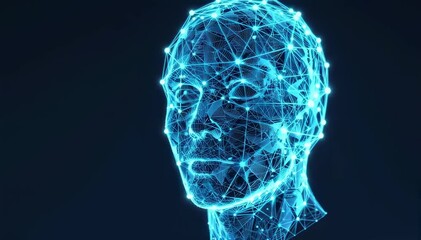 Futuristic Digital Human Head Made of Lines and Dots in Blue Glow - Powered by Adobe
