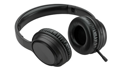 A pair of sleek, black, over-ear headphones, angled against a black background