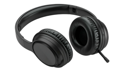A pair of sleek, black, over-ear headphones, angled against a black background
