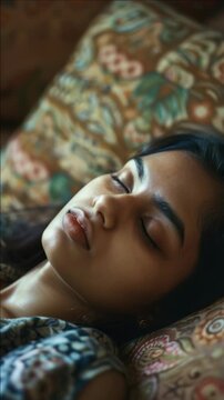 A serene of a woman lying down, eyes closed in repose, on a patterned background. She appears peaceful and relaxed.