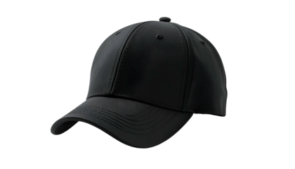 A sleek, black baseball cap, rendered against a stark black background