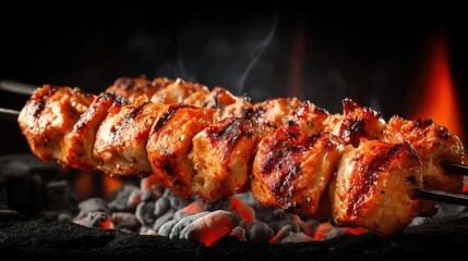 Chicken pieces are placed on metal skewers and cooked over hot charcoal. Smoke rises as the meat gets tender and flavorful during an outdoor meal gathering in the evening.