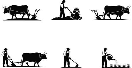 Black silhouettes of people and oxen farming agriculture © Obaidul Vector Zoon
