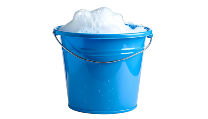 A blue plastic bucket filled with soapy white foam, handle raised. Isolated on black