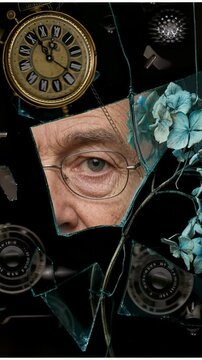 Elderly man peers through jagged mirror shards next to antique timepieces and mechanical dials. Worn eyeglasses and a hanging chain add narrative detail. Blue hydrangea petals soften the dark fragment