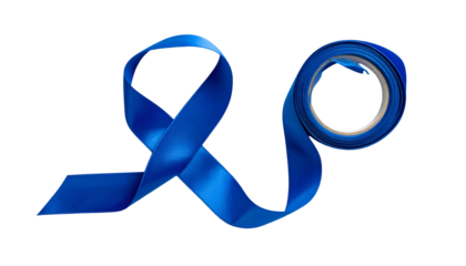 A blue ribbon unspooling from a roll, forming a looped awareness symbol against black