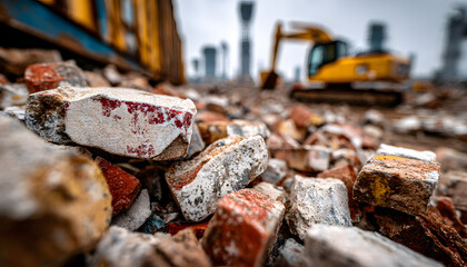 Pile of shattered construction waste after building demolition. Bricks rubble debris in container. Collection service handles disposal material. Excavator in background. Construction site after work,