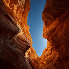 Narrow sandstone canyon with warm orange rock walls and blue sky overhead creating dramatic natural landscape for adventure travel and geology concepts