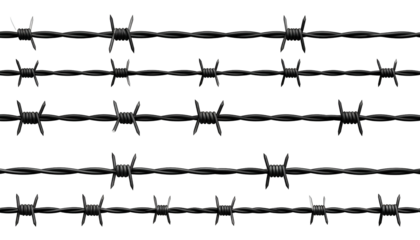 Close-up view of multiple strands of dark, sharp, barbed wire against a black background