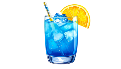 Digitally painted blue cocktail with ice cubes, orange slice garnish, and a straw