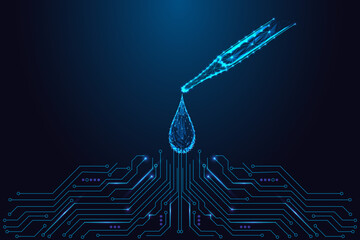 Biotech and laboratory innovation concept with glowing digital pipette and drop above circuit board
