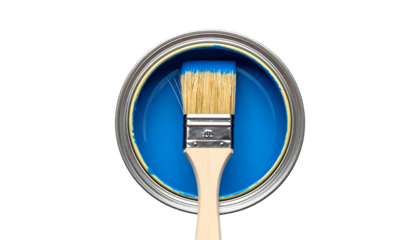 Overhead shot of an open paint can with blue paint and a paintbrush inside