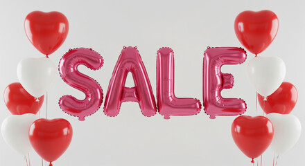 Bright and festive marketing composition featuring the word SALE spelled out in large glossy red foil balloons.