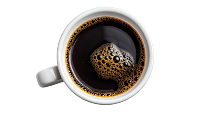 Overhead shot of a white mug filled with dark coffee, showcasing crema atop