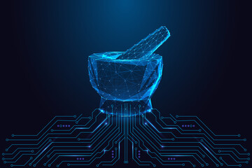 Digital pharmacy and biotechnology concept with glowing mortar and pestle above circuit board