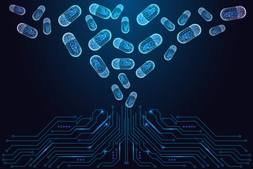 Pharmacy, medtech and drug development concept with digital low-poly capsules above circuit board 