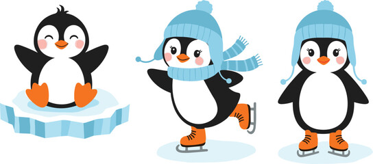 Obraz premium Penguins ice skating and standing on ice floe cartoon winter