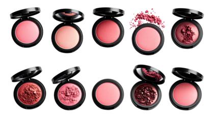 Row of cosmetic compacts displaying different shades of blush on black background