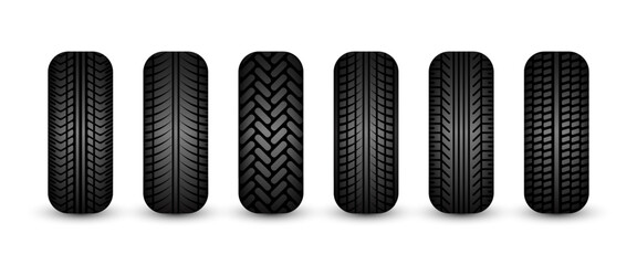 Rubber tires silhouettes. Car, truck, and motorcycle wheels, tread pattern designs. Perfect for automotive, racing, and motorsport themes, repair service and transport industry. Vector illustration
