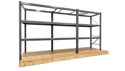 A three-tiered metal shelving unit, with wood shelves, ready for storage