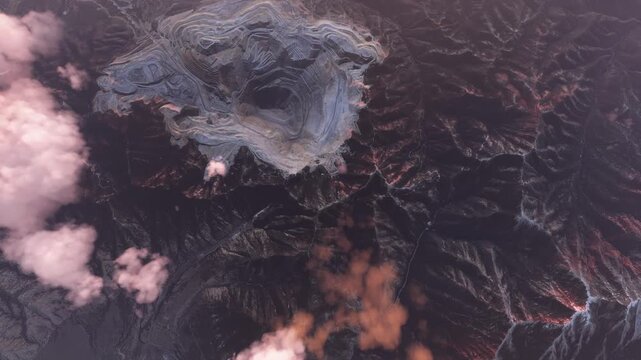 Top aerial shot at sunset of Bingham Canyon Mine. Copper Mine. Herriman. Utah. United States