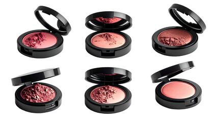Six compacts of blush in varying shades, open to reveal powder, against black backdrop