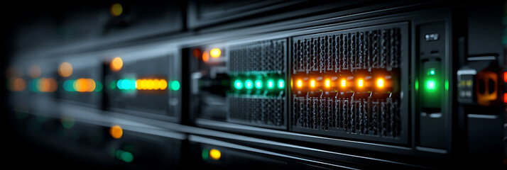 Data Center Server Rack with Glowing Green and Orange LED Status Lights, Information Technology Infrastructure and Cloud Computing