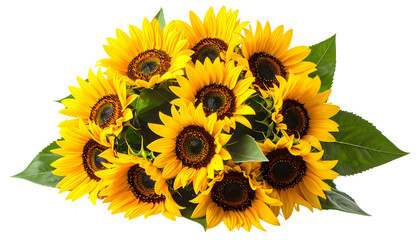 Fototapeta premium A vibrant bouquet of sunny yellow sunflowers with dark centers and green leaves